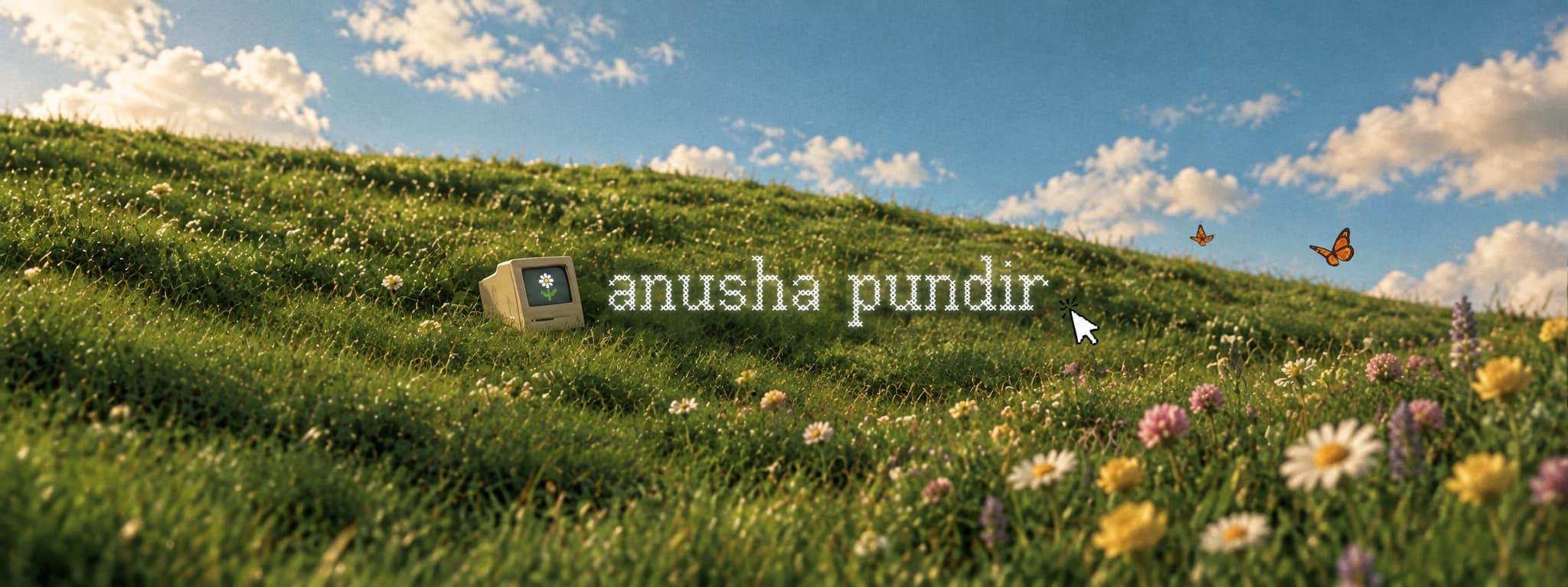 A sunlit meadow of wildflowers with a small retro computer and the name anusha pundir stitched across the grass